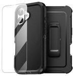 AICase Compatible with iPhone 16 Case with Belt-Clip Holster and Glass Screen Protector, Heavy Duty Rugged Shockproof/Drop/Dust Proof 4-Layer Protective Durable Phone Cover, Black