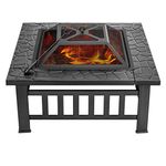 VIVOHOME 32 Inch Heavy Duty 3 in 1 Metal Square Patio Firepit Table BBQ Garden Stove with Spark Screen Cover Log Grate and Poker for Outside Wood Burning and Drink Cooling Black