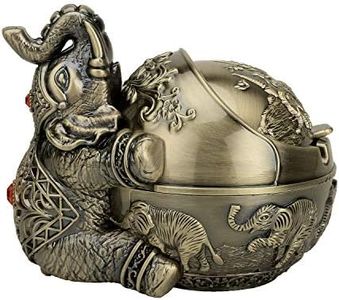 LAUYOO Vintage Decorative Windproof Ashtray with Lid for Cigarettes Metal Portable Cigarette Ashtray Odor Indoor Outdoor Hand Carved Fancy Gift ornament for Men Women (Bronze Elephant)