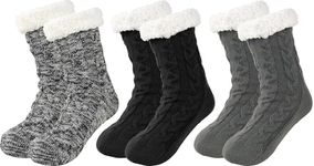 BenSorts Mens Warm Slipper Socks with Grips Cozy Fuzzy Fleece Winter Non Slip Indoor Christmas Gifts 3 Packs Black Gray Multicolor