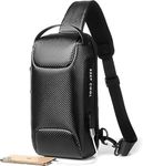 LUHI Men Leather Sling Bag Purse Waterproof Crossbody Chest Bag Sling Backpack with USB Charging Port One Shoulder Bag Black