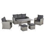 Outsunny 6 Pieces Outdoor PE Rattan Garden Furniture Set with Three-seat, Armchairs and Footstools, Patio Wicker Dining Sets w/Glass Top Dining Table, Soft Cushion, Mixed Grey