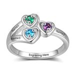 Personalised Family Sterling Silver Rings for Women 925 - Grandma Mums Rings Gifts Sister Jewellery - Customised Couple Rings for Lovers - 3 Heart Simulated Birthstone 3 Engraved Name Size M