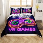 Kids Video Games Duvet Cover Set Games Comforter Cover King Gamepad Bedding Set for Boys,Modern VR Gamer Console Action Buttons Quilt Cover Fashion Teens Decor 3 Pcs Purple Gift Soft