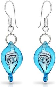Bleek2Sheek Italian-Style Handmade Glass Aqua Blue Twisted Leaf Fashion Sterling Silver Dangle Earrings