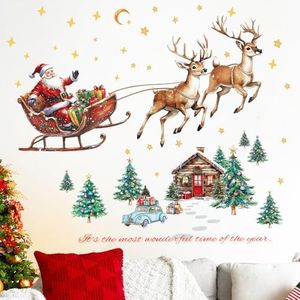 SHUCHING Pegatinas de Pared de Papá Noel Navideño, Adhesivos Pared de Alce Reno Trineo Coche Casa Árbol de Navidad, Vinilos Decorativos Navideña para Dormitorio de Niños Sala de Estar Fiesta Puerta
