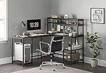 CubiCubi L Shaped Desk with Hutch, 150 cm Corner Computer Desk with Iron mesh Rack, Home Office Gaming Table with Storage Shelves, Space-Saving, Black