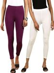 De Moza Pack of White & Dark Purple Ankle Length Leggings Solid Cotton