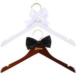 Beeveer 2 Pcs Bride Hanger Bride and Groom Wedding Dress Hanger Set Brown Wooden Wedding Hanger with Bow Tie for Tuxedo Suit White Bridal Hanger with White Bow Wedding Gift Bridal Party Shower Gift