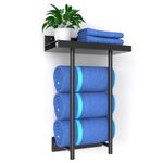 HUFEEOH Towel Rack for Bathroom Wall Mounted, Stainless Steel Bathroom Towel Storage Towel Rack with Shelf for Rolled Towels, Folding Large Towels, Black Bathroom Towel Holder for Spa, Salon, RV