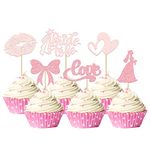 Gyufise 24Pcs Bride to Be Cupcake Toppers Pink Glitter Bow Tie Lip Princess Love Heart Bridal Shower Cupcake Pick Decorations for Wedding Engagement Bachelorette Cake Decorations Supplies