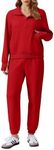 PINSPARK 2 Piece Set for Women Fleece Half Zip Sweatsuit with Jogger Sweatpants Travel Outfits Matching Sets,Red Small