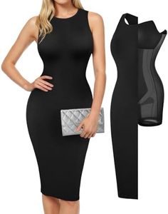 Popilush Women's Bodycon Dress Ruched Sleeveless Slimming Shapewear Black Casual Club Evening Party Cocktail Midi Fall Dresses