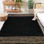 GRUHUM Jute Area Rugs 8x10ft Natural Fibre Black Rectangular Leather Handwoven Boho Farmhouse Soft Braided Rustic Vintage Rugs for Indoor EcoFriendly Living Room Bedroom Kitchen Hallways Enterways