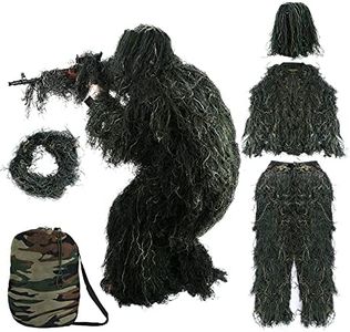 5 in 1 Ghillie Suit Outdoor 3D Hunting Apparel Including Jacket Pants Hood Carry Bag Suitable for Unisex Adults Jungle Woodland Hunting Shooting (M（4.9-5.9ft）, Forest Green Woodland)