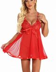 marysgift Babydoll Lingerie for Women Lace Negligees Sleeveless Nightwear Backless Dresses for Ladies Strappy Nightdresses Soft Chemise Set Red UK 12 14 (350)