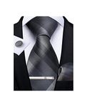 DiBanGu Mens Grey Plaid Ties Classic Silk Business Necktie with Handkerchief Cufflinks Tie Clip Set Gift Box