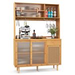 COSTWAY Large Kitchen Storage Cabinet, 175cm Buffet Cupboard with Sliding Tempered Glass & Rattan Door, Drawer, Hooks, Glass Rack and Anti-tipping Device, Bamboo Tall Sideboard for Home Living Room