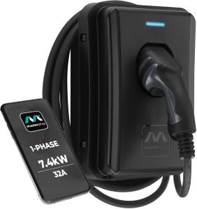 Masterplug Smart EV Wall Charger, Type 2, 7.4kW, 5m Tethered Cable, App Control, Solar Ready, Black