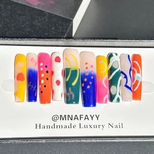 MNAFAYY 100% Handmade Nails HandPainted Extra Long Press On Nails Full Cover Luxury Gorgeous Reusable UV Finished Fake False Nails Acrylic Nail Kit With Box Gifts for Women Artist S