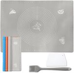 27.5inx19.7in Non-Stick Silicone Baking Mat，Large Baking Pastry Mat，with Dough Scraper and pastry brushes, Non-Slip Fondant Rolling Mat Kneading Board Mat (Grey)