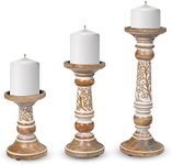 Pillar Candle Holders- Rustic White Hand Carved Mango Wood Candle Holders for Pillar Candles in Home, Living Room, Kitchen or Table Centerpiece Set of 3 Candlestick Holders- 6", 9", 12" for Home Decor