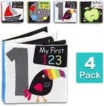 Baby First Soft Activity Cloth Book Set (4PK), High Contrast Black and White Interactive Crinkle Soft Book Bundle for Infant, Early Education for Brain Development with Numbers, Words, Shapes, Colors