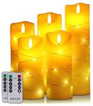 LED flameless Candle, with Embedded Starlight String,（ danip)5-Piece LED Candle, with 10-Key Remote Control, 24-Hour Timer Function, Dancing Flame, Real Wax, Battery-Powered. (Ivory White)