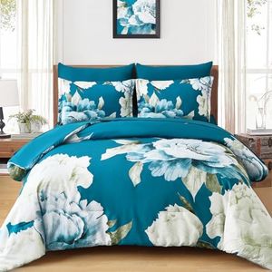Dobuyly Teal Comforter Set Queen 7 Piece Bed in a Bag, Teal Blue Floral Printed Comforter Set with Sheets, Soft Microfiber Botanical Complete Bedding Set for All Season