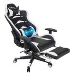 POWERSTONE Gaming Chair with Footrest - Massage Ergonomic Office Computer Game Racing E-Sports Chair Lumbar Massage Pillow Footrest Headrest High-Back Leather Recliner Rolling Swivel Chair, White