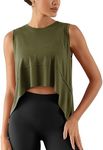 ODODOS Sleeveless Crop Top for Women Athletic Tee Gym Workout Cropped Yoga Tank, Army, Medium