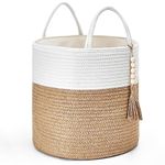 Mkono Woven Storage Basket Decorative Rope Basket Wooden Bead Decoration for Blankets,Toys,Clothes,Shoes,Plant Organizer Bin with Handles Living Room Home Decor, 11" W x 11"L,White and Yellow
