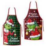 LOOPES Christmas Aprons for Women and Men,2PCS Funny Aprons Cartoon Kitchen Apron Grinch Couple Christmas Aprons for Adult Xmas Family Dinner Baking Cooking BBQ Grilling Party Christmas Chef Gift