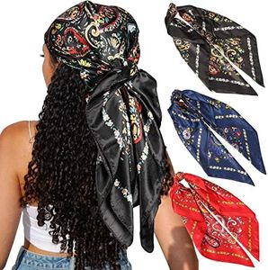 CHLINS 35" Satin Square Hair Scarf Bandanas 3Pcs Large Silk Head Scarves Lightweight Satin Hair Kerchief Sleeping Hair Wraps (Black+Blue+Red)