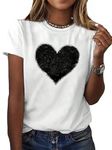 SweatyRocks Women's Heart Print Glitter Sequin T Shirts Casual Round Neck Short Sleeve Tee Tops, White, Large