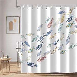 Aeyadis Colorful Fish Shower Curtain, Ocean Swiming Fishes Cartoon White Minimalist Shower Curtains Decor for Bathroom Set, Washable Fabric Cloth Waterproof with 12 Hooks, 72x72 Inch