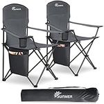 SUNMER Set of 2 Folding Camping Chairs, Extra Wide Lightweight Outdoor Chairs with Armrests and Cup Holder, 120 kg Capacity - Dark Grey