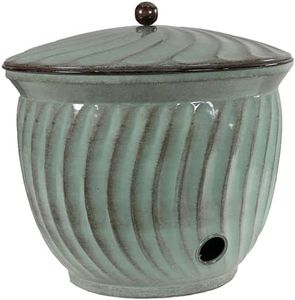 Sunnydaze Metal Garden Hose Holder Pot with Lid - UV-Resistant Hose Pot - Sage Glaze Finish - 145-Foot Garden Hose Container