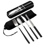 VANRA 4-Piece Portable Travel Utensils Set with Case 18/8 Stainless Steel Flatware Set Reusable Cutlery Set with Fork Spoon Knife Chopstick for Lunch Travel Camping School Work Picnic (Black)