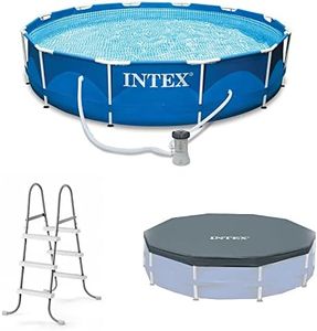 Intex 12' x 30" Round Metal Frame Outdoor Above Ground Swimming Pool Set with Filter Pump, Cartridges, 42 Inch Steel Pool Ladder, and Secure Cover