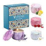 Vervenix Luxury Scented Candles with Reusable Painted Tin Can Set - 100% Natural Soy Wax, Long-Lasting Aromatherapy Candles for Stress Relief and Home Decor, 4 Unique Fragrances (Pack of 4)