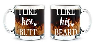 I Like His Beard, I Like Her Butt Couples Mug - Funny Couple Mug - (2) 13OZ Glass Coffee Mug - Funny Mug Set - Mugs For boyfriend and Girlfriend and Husband and wife - By AW Fashions