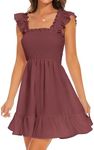 ROYLAMP Women's Smocked Dresses Square Neck Elegant Tiered Boho Ruffle Shoulder Swing Flowy Summer Casual Mini Dress Chocolate S