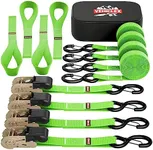 Ratchet Tie-Down Straps Set - (1" x 15', 2200lbs Breaking Strength) - Vehiclex Soft Loops, Coated S-Hooks, Storage Bag for ATV, Motorcycle, Bicycle, Kayak, Cargo Securing, Green