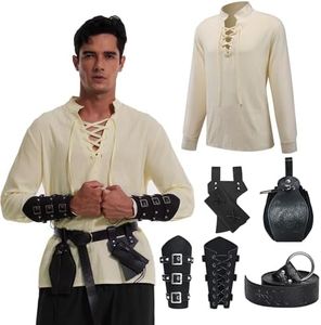 MVFEUIJ Ensemble de 5 costumes médiévaux pour hommes, de la Renaissance pour hommes, avec ceinture, protège-poignets, accessoires, pour cosplay, magicien, Halloween (noir, taille XL)