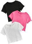 OYOANGLE Girl's 3Pcs Rib-Knit Short Sleeve Crop Top Crew Neck Lettuce Trim Crop Tee Top Watermelon Pink 10Y