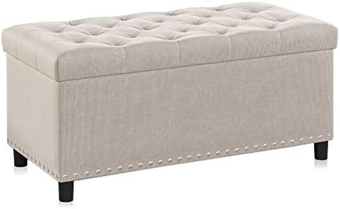 BELLEZE 35 Inch Button-Tufted Ottoman Linen Storage Bench with Safety Close Hinge for Living Room, Entryway, Hallway, Foot Rest, Support 300lbs - Beige