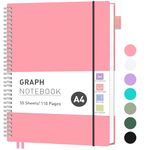RETTACY Squared Paper Notebook A4 Journal,Large Notepad with Grid Graph Paper 110 Pages Spiral Notebook，PVC Pocket, Pen Loop, Ruler, Bookmark for Women Men Work Office School, 21.5 x 27.9cm- Pink