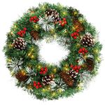 Christmas Wreath 18 Inch,Pre-Lit Artificial Christmas Wreaths for Front Door Decorated with Pine Cones, Red Berries, Frosted Branches,50 LED Lights for Christmas Decorations Indoor Outdoor Decor