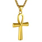 18K Gold Plated Large Egyptian Coptic Ankh Cross Chain Pendant Necklace Amulet Jewelry Men Women,22"+2" Wheat Chain